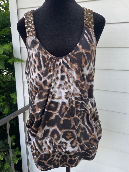 Daytrip Tops - Vintage Y2K Daytrip Tank Top Leopard Print Gold Studded Relaxed Tunic L 2010s
